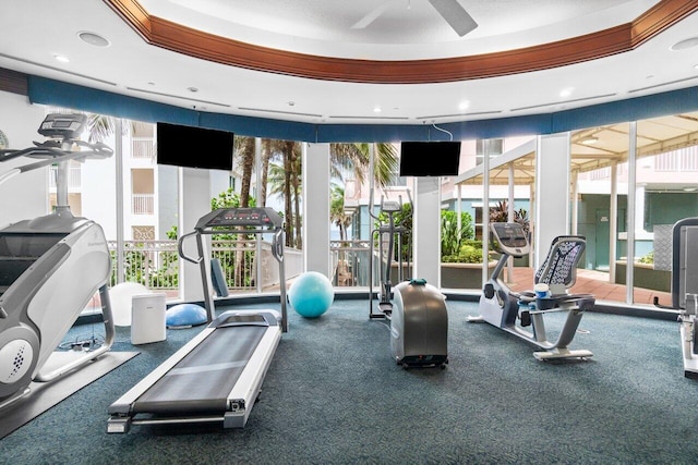 exercise room featuring a raised ceiling, a wealth of natural light, and ceiling fan