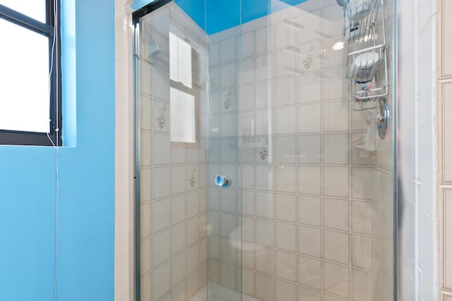 bathroom featuring a shower with door