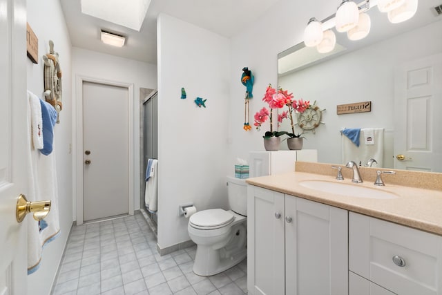 bathroom with walk in shower, tile patterned flooring, vanity, and toilet