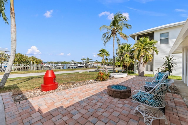 view of patio / terrace with a fire pit