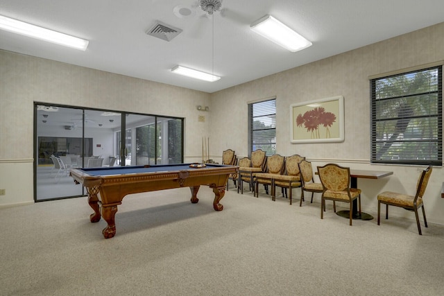 recreation room featuring carpet, ceiling fan, and pool table