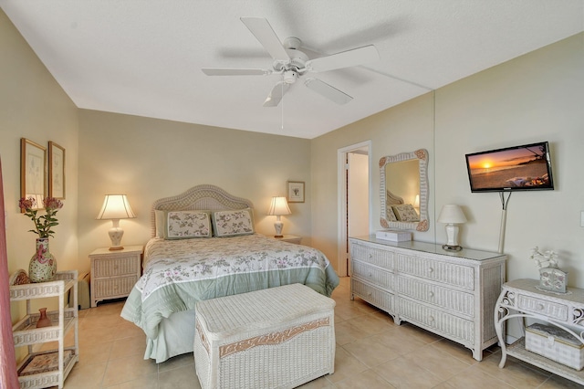 bedroom featuring tile patterned flooring and ceiling fan