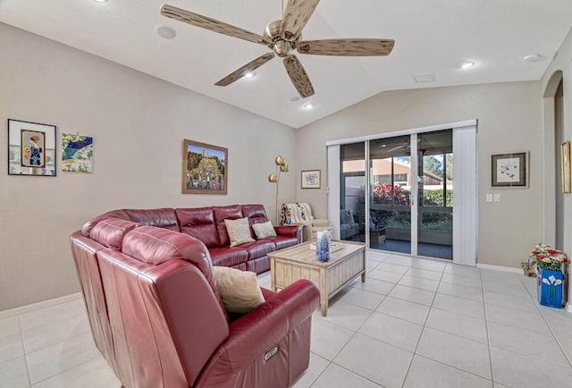 tiled living room with vaulted ceiling and ceiling fan