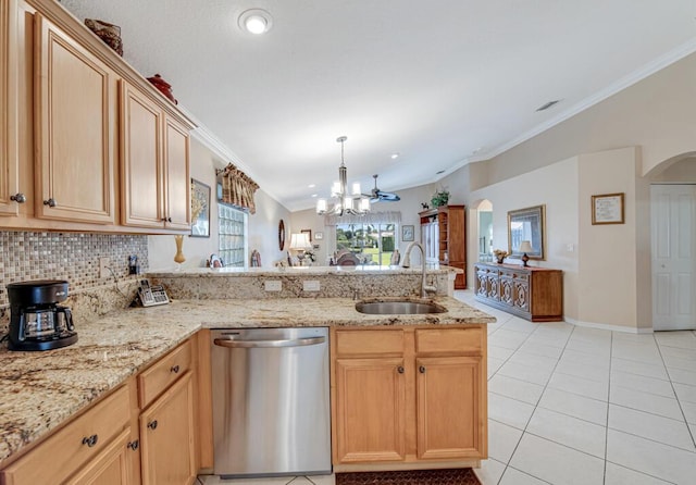 kitchen with dishwasher, light brown cabinets, sink, tasteful backsplash, and light tile patterned floors