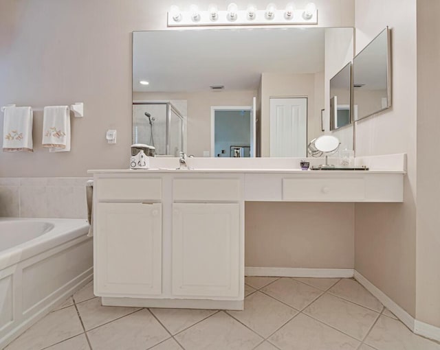 bathroom with vanity, tile patterned floors, and independent shower and bath