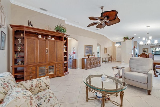 tiled living room featuring ceiling fan with notable chandelier and crown molding