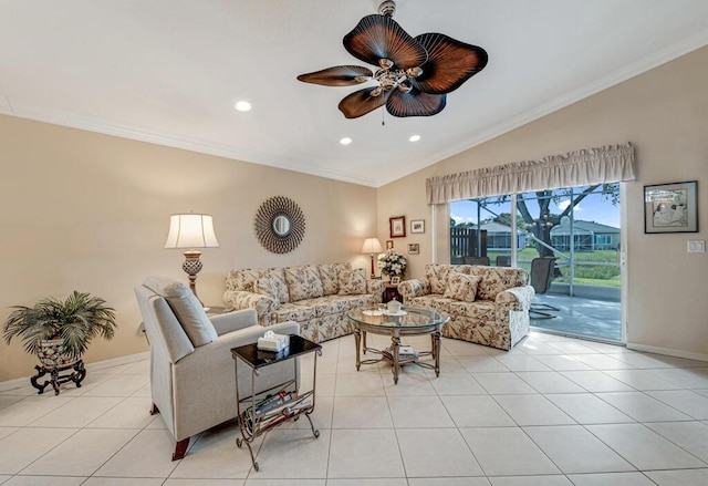 tiled living room featuring ceiling fan, lofted ceiling, and ornamental molding