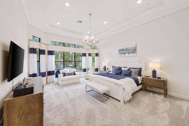 bedroom with a raised ceiling, a notable chandelier, light colored carpet, and ornamental molding