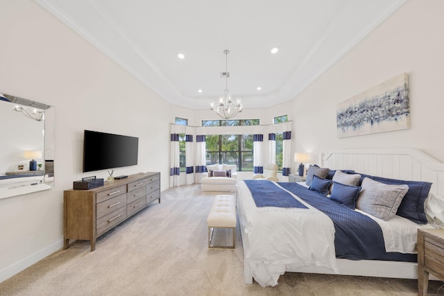 carpeted bedroom featuring ornamental molding and a chandelier