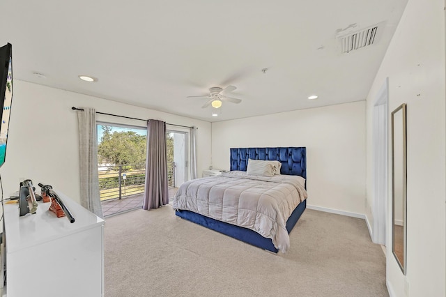 bedroom with access to exterior, light carpet, and ceiling fan