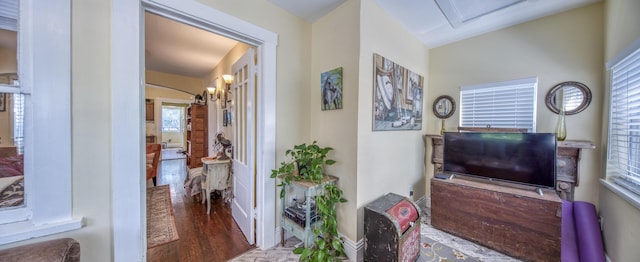 interior space with lofted ceiling, a wealth of natural light, and dark hardwood / wood-style floors