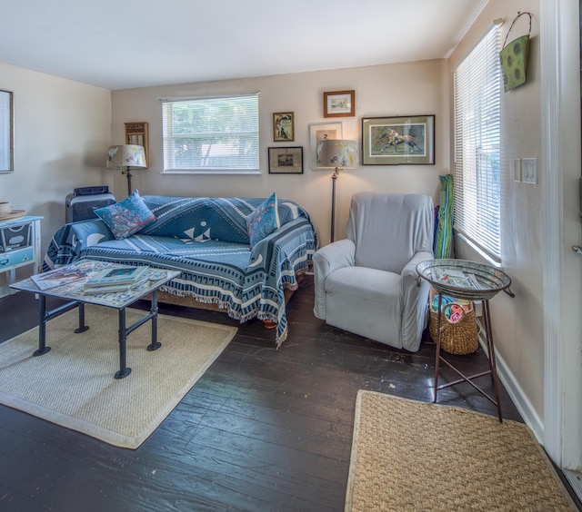 living room with plenty of natural light and dark wood-type flooring