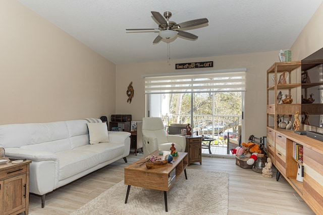 living room with light hardwood / wood-style floors and ceiling fan