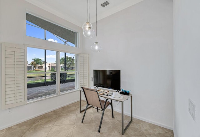 tiled home office with ornamental molding and high vaulted ceiling