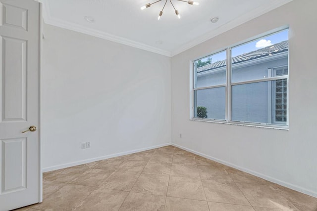 unfurnished room with light tile patterned floors, a notable chandelier, and ornamental molding