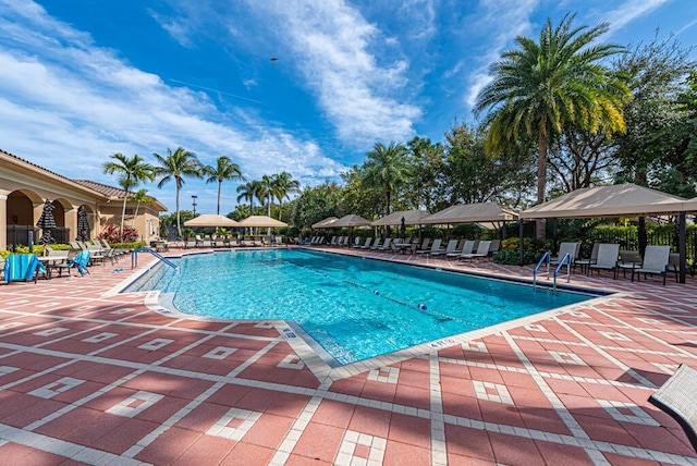 view of swimming pool featuring a patio area