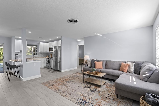 living room featuring a textured ceiling, light hardwood / wood-style floors, and sink