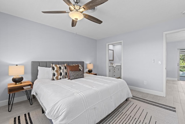 bedroom with ceiling fan, ensuite bathroom, and light wood-type flooring