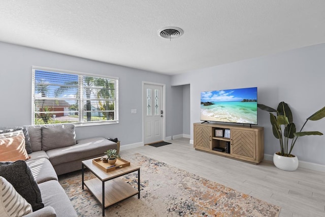 living room featuring hardwood / wood-style floors and a textured ceiling