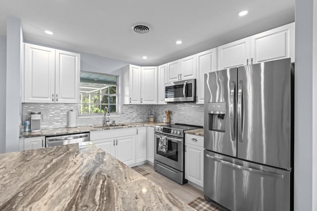 kitchen featuring white cabinetry, sink, light stone counters, decorative backsplash, and appliances with stainless steel finishes