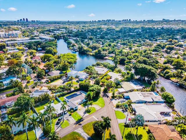 drone / aerial view featuring a water view