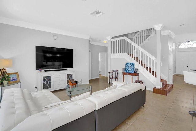 tiled living room with ornamental molding