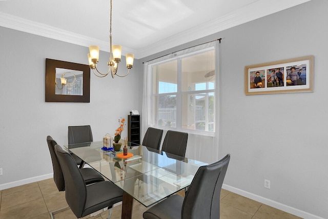 tiled dining room with an inviting chandelier, beverage cooler, and crown molding