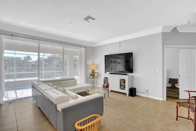 living room featuring light tile patterned flooring and ornamental molding