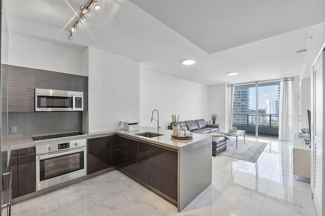 kitchen with kitchen peninsula, appliances with stainless steel finishes, rail lighting, dark brown cabinets, and sink