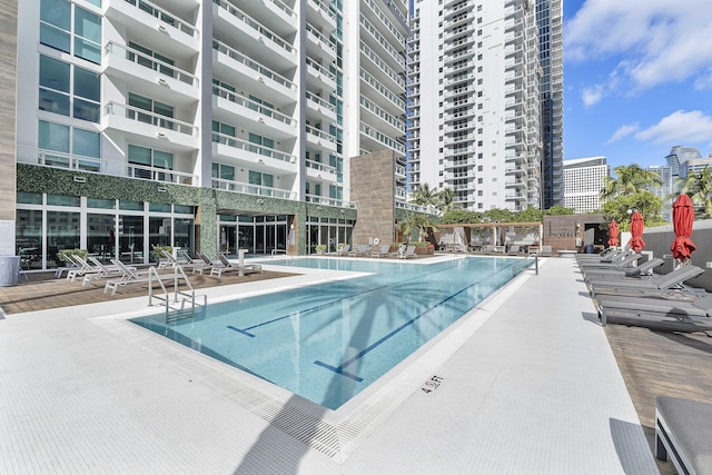 view of swimming pool with a patio area