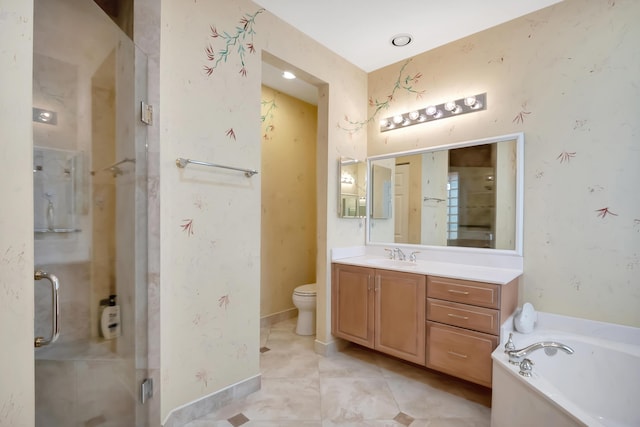 full bathroom with plus walk in shower, vanity, and toilet