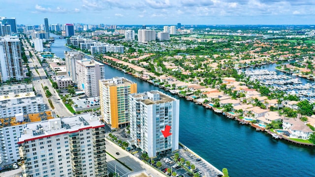 aerial view featuring a water view