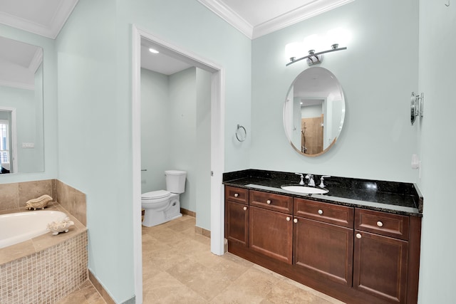 bathroom with tile patterned flooring, tiled bath, toilet, vanity, and ornamental molding