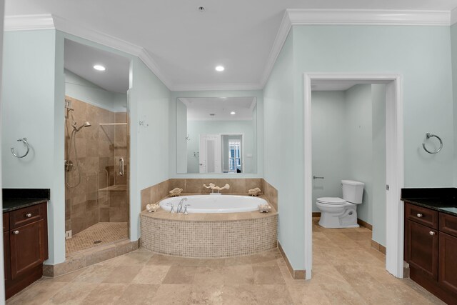 full bathroom featuring vanity, toilet, ornamental molding, and shower with separate bathtub