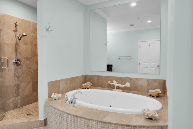 bathroom featuring plus walk in shower and ornamental molding