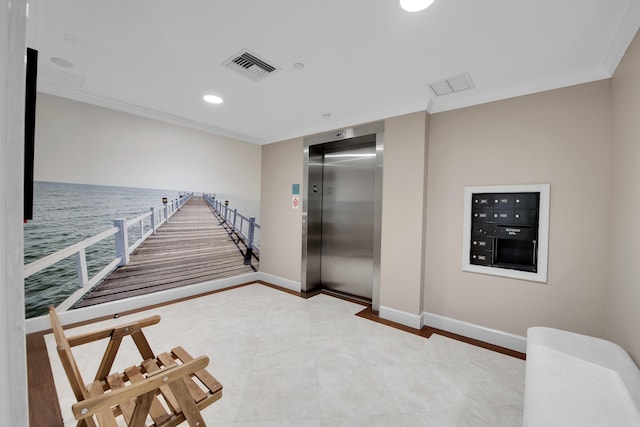 stairs with mail boxes, tile patterned floors, crown molding, a water view, and elevator