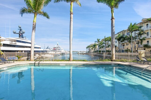 view of swimming pool featuring a water view