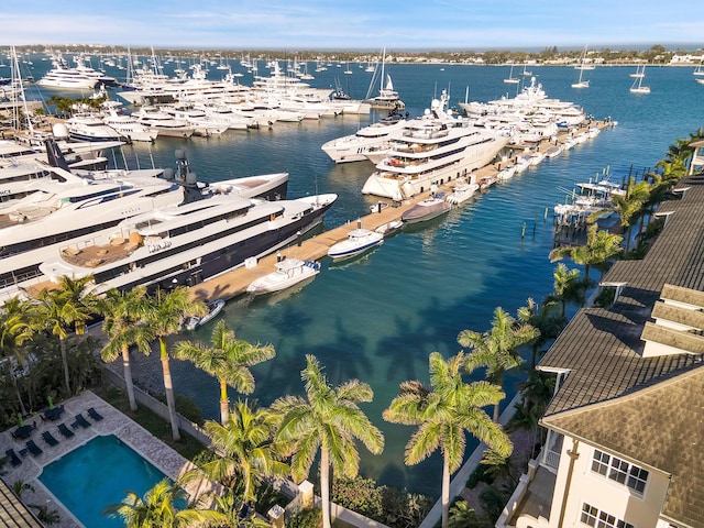 drone / aerial view with a water view