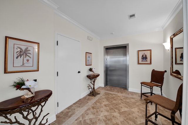 interior space featuring elevator and crown molding