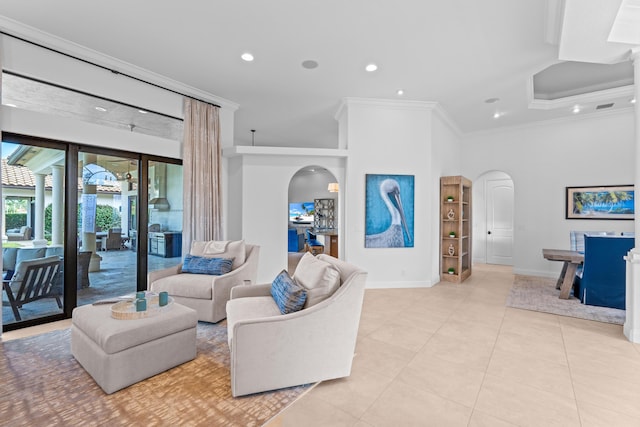 tiled living room with crown molding