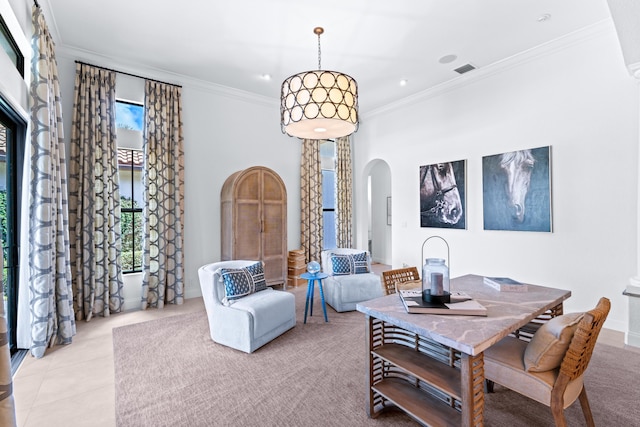 tiled dining area with ornamental molding