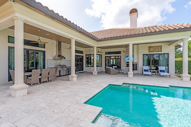 view of pool featuring area for grilling, an outdoor living space, ceiling fan, grilling area, and a patio