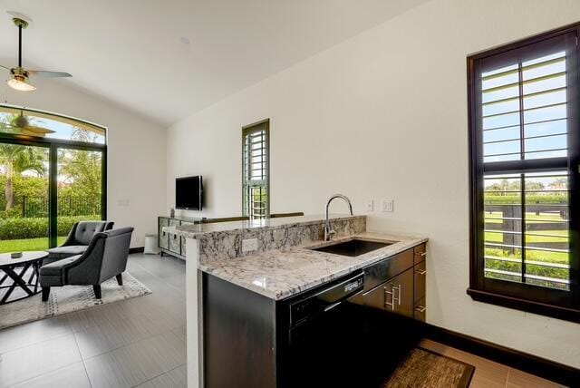 kitchen with dishwasher, light stone counters, plenty of natural light, and sink