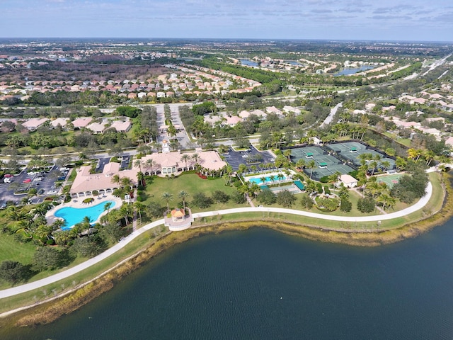 aerial view featuring a water view