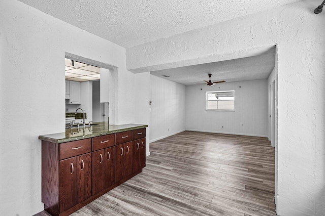 interior space featuring ceiling fan, sink, a textured ceiling, and light wood-type flooring