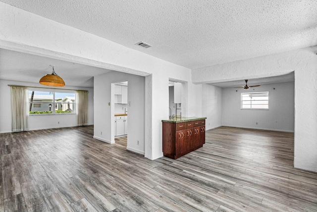 unfurnished living room with ceiling fan, a healthy amount of sunlight, a textured ceiling, and wood-type flooring