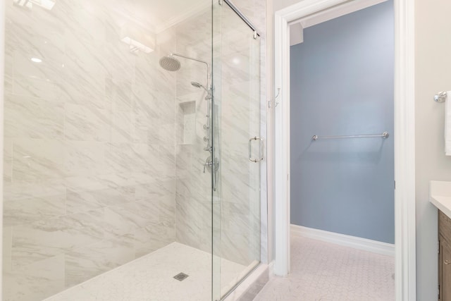 bathroom with vanity and walk in shower