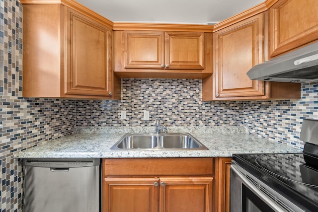 kitchen with appliances with stainless steel finishes, backsplash, exhaust hood, and sink