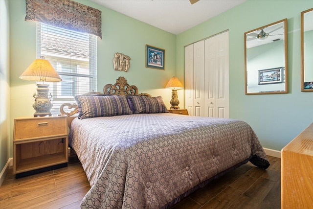 bedroom with multiple windows, a closet, and wood-type flooring