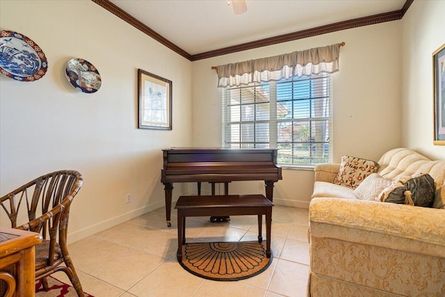 sitting room featuring light tile patterned floors, ceiling fan, and ornamental molding